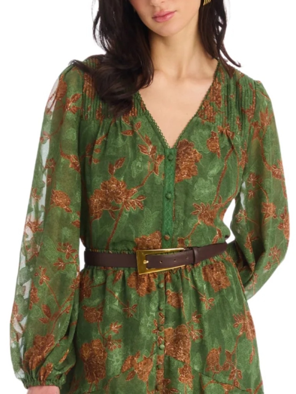 Allison New York Marigold Top Sz S/P Forest Florals V-neck Button Front